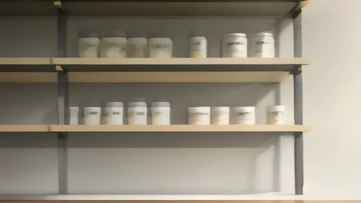 Photograph: over-the-shoulder view of a bright showroom shelf with packaged products arranged in neat rows, overcast diffused light