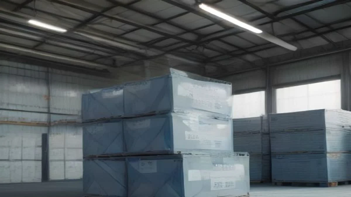 Stack of aluminium mining machines on a pallet in a bright warehouse with blurred packing tape and labels
